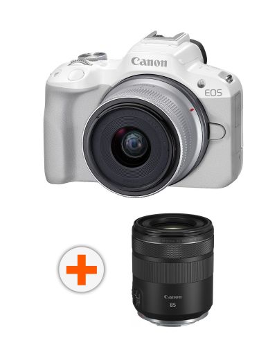 Безогледален фотоапарат Canon - EOS R50, RF-S 18-45mm, f/4.5-6.3 IS STM, бял + Обектив Canon - RF 85mm f/2 Macro IS STM - 1